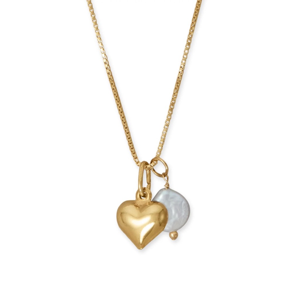 18" 14k Gold Plated over SS Puffy Heart & Cultured Freshwater Pearl Necklace